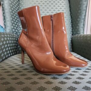 Camel Tan Vegan Patent Leather Square Toe Heeled Ankle Boots